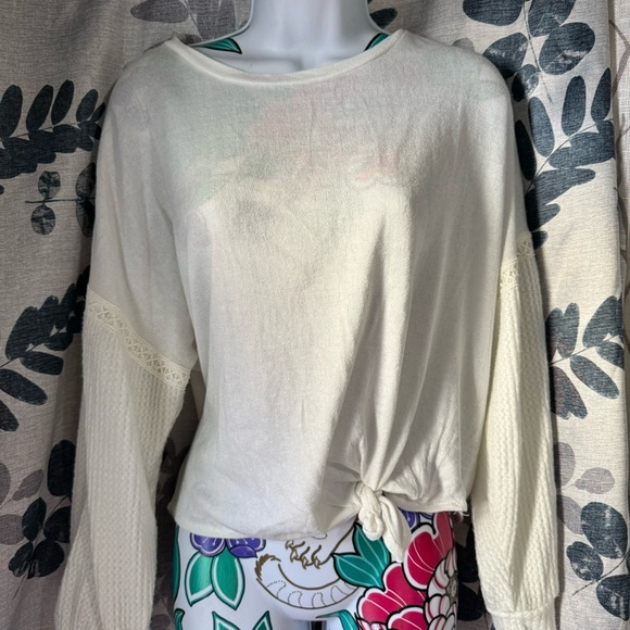 Ultra Flirt Cream Long Sleeve Top with Lace Accents - Picture 2 of 5